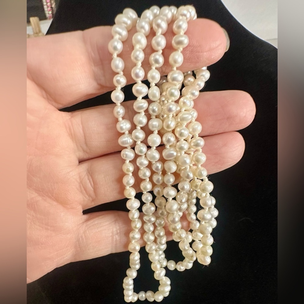 Freshwater Pearl Necklace Hand Knotted Baroque Long Opera Length - Picture 3 of 5